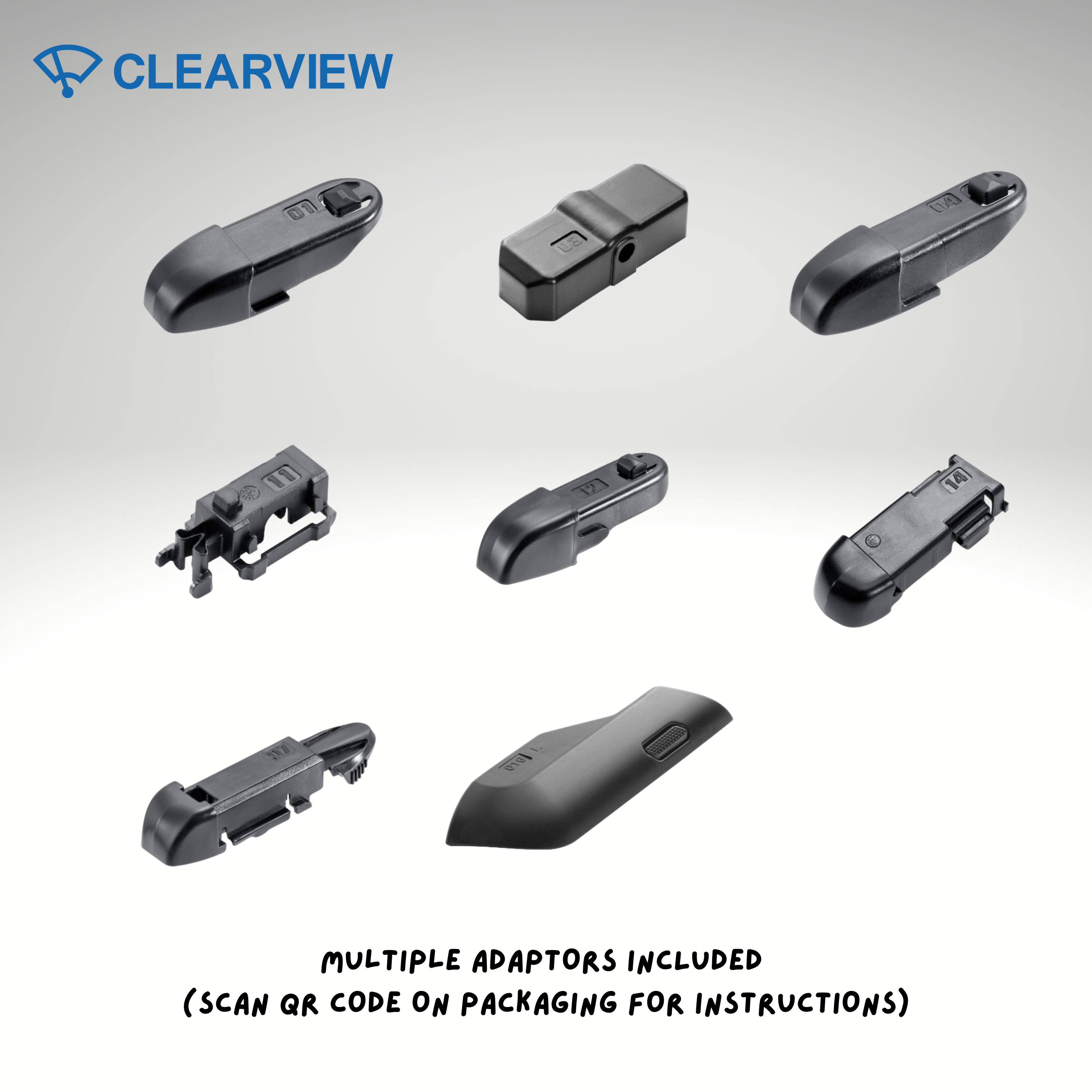Collection of various adaptors with Clearview branding on a light gray background