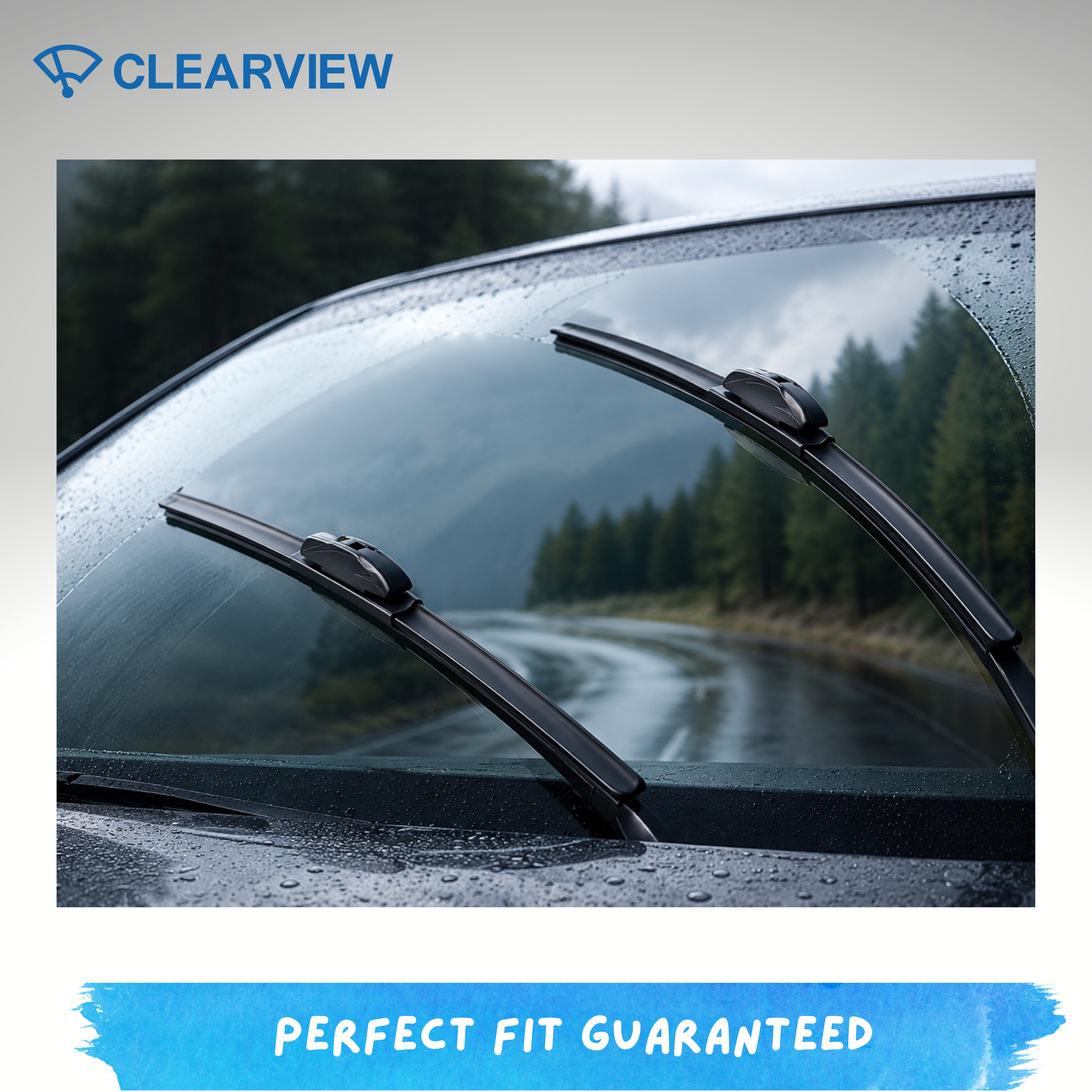 Car windshield with wipers and a scenic background, featuring the Clearview Wipers.